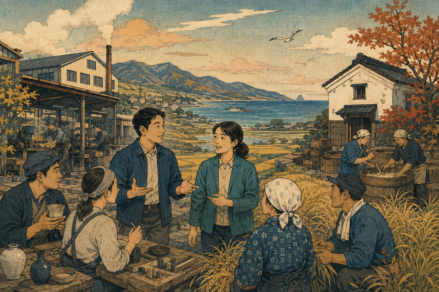 Editorial illustration of two community coordinators connecting a Niigata factory district with coastal farms and a fermentation workshop