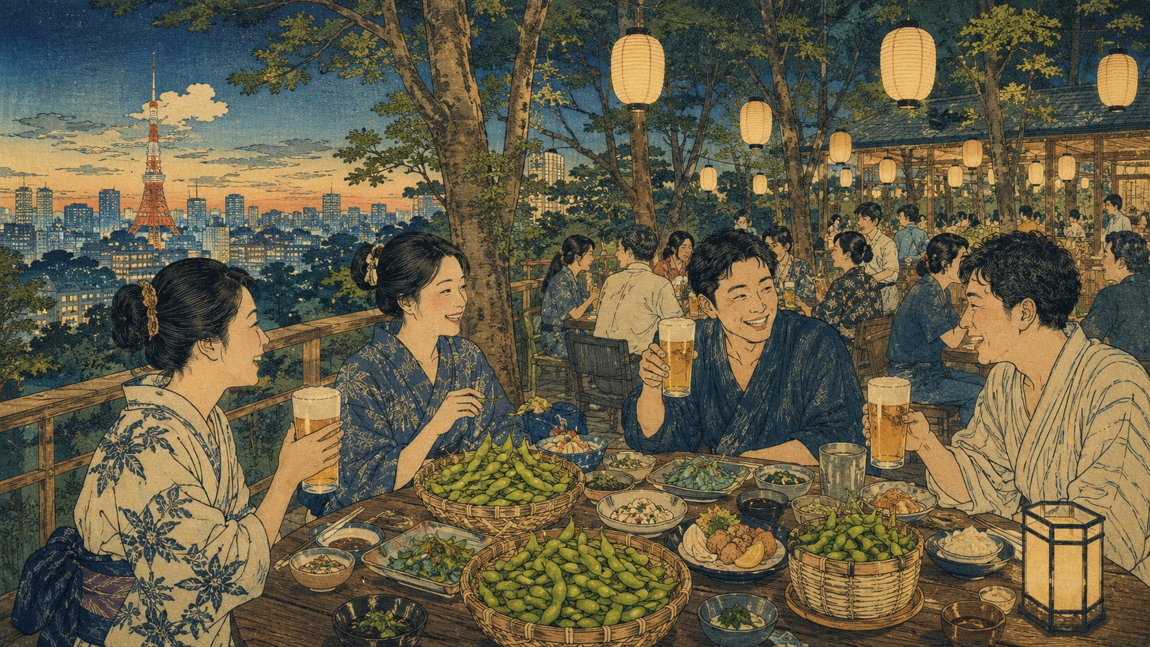歌川広重の江戸高名会亭尽を思わせる木版画風に、明治神宮外苑のビアガーデンで新潟産枝豆を囲む人々を描いたイメージ。