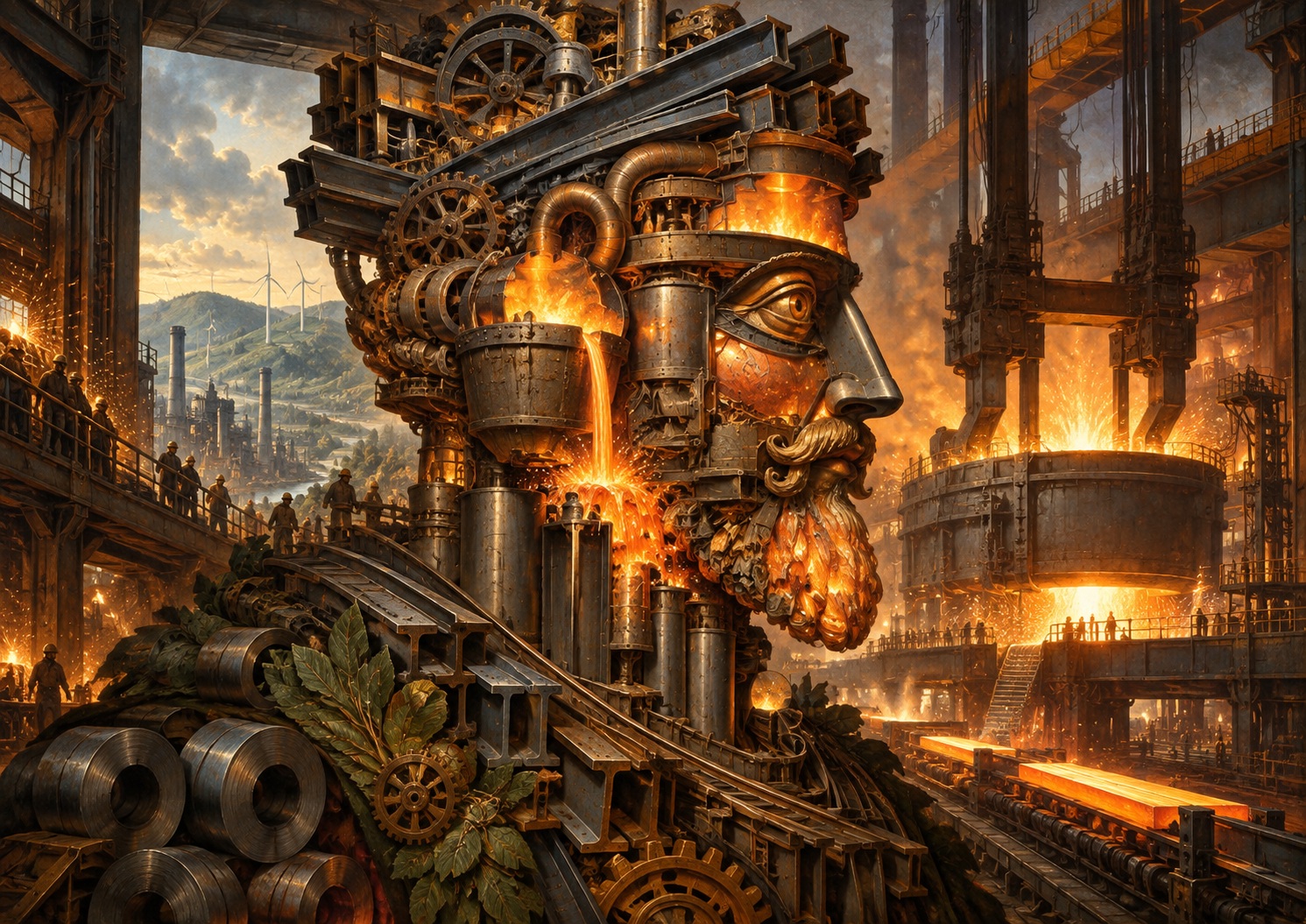 Japan.co.jp AI editorial illustration inspired by Giuseppe Arcimboldo’s composite portraits, accompanying “Nippon Steel Bets €900 Million on a Hybrid Future for Košice”