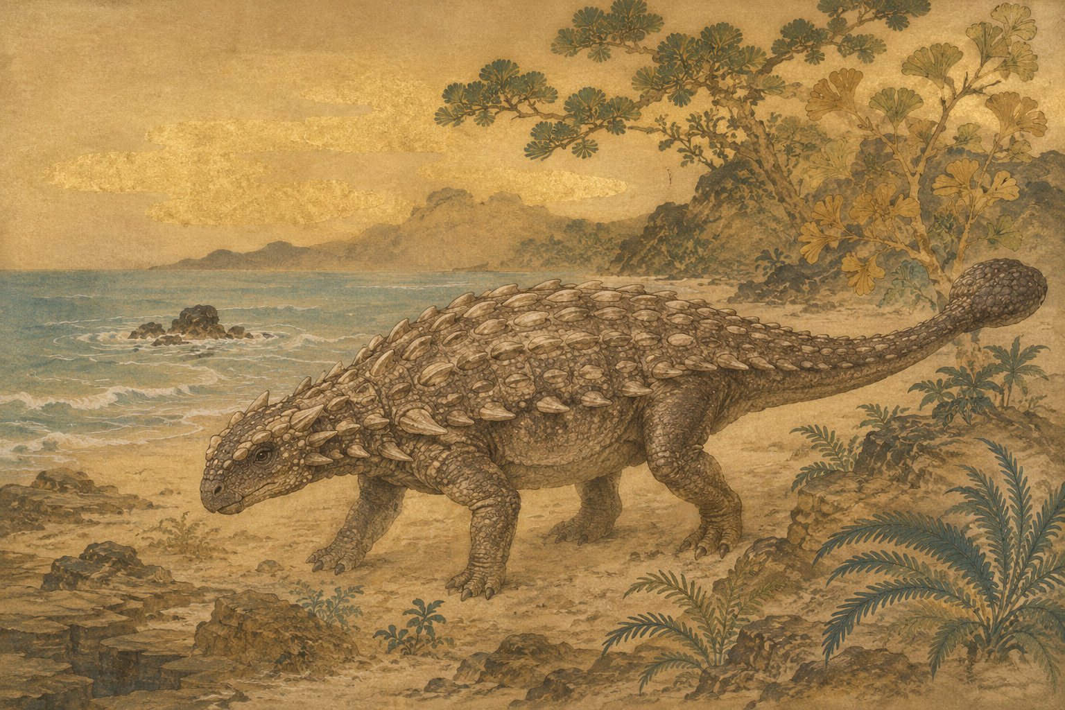 Scientific editorial reconstruction of Nipponopelta yezoensis, an armored dinosaur moving through a coastal Cretaceous landscape in what is now Hokkaido