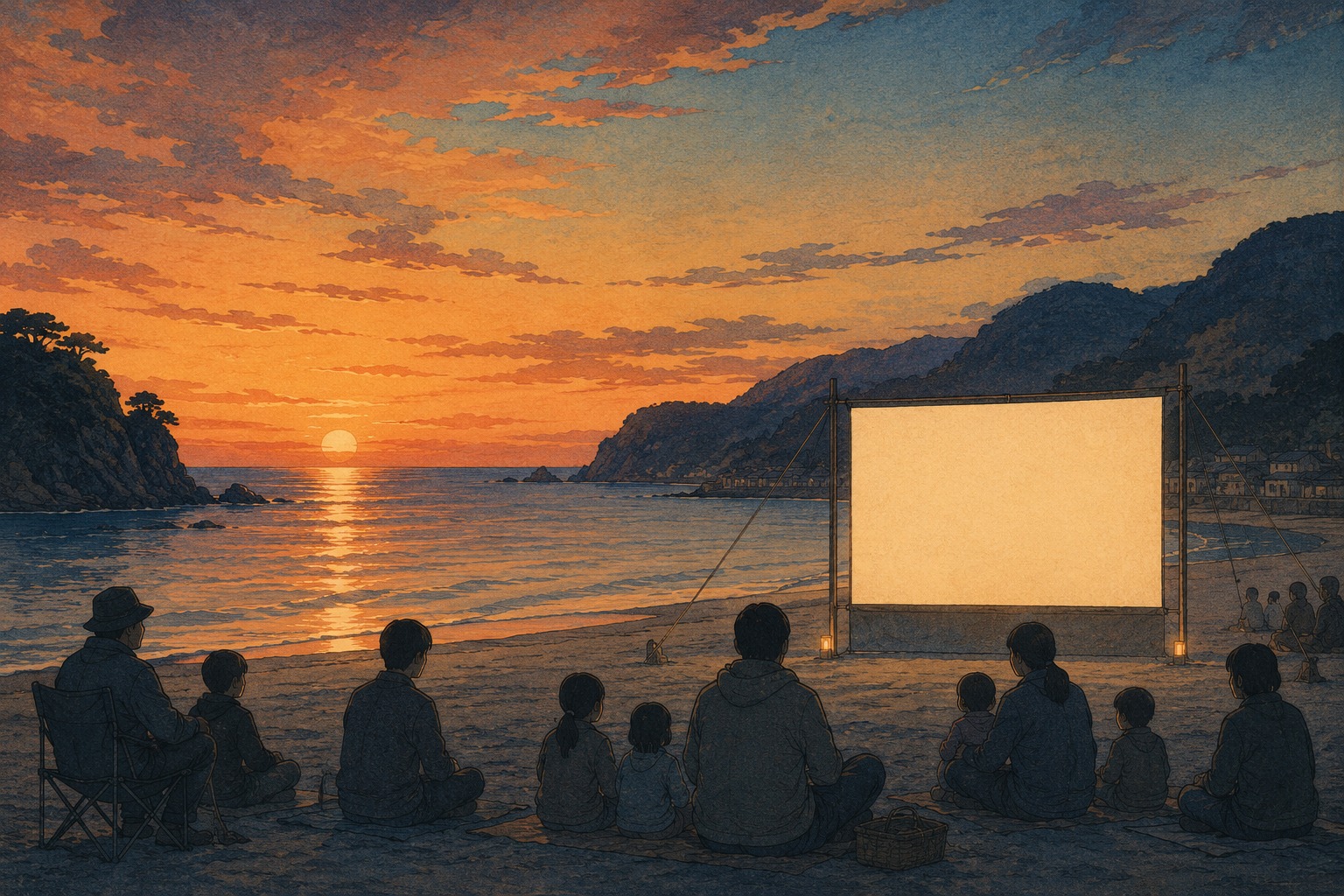 An editorial illustration of families watching an outdoor movie beside the sea at sunset in Toi