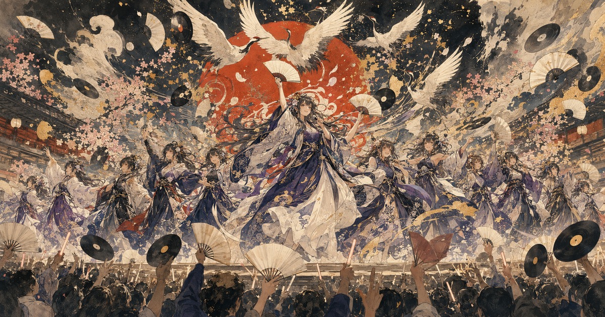 A Kawanabe Kyōsai-inspired spectacle of Nogizaka46 performing above a torrent of compact discs and celebrating fans