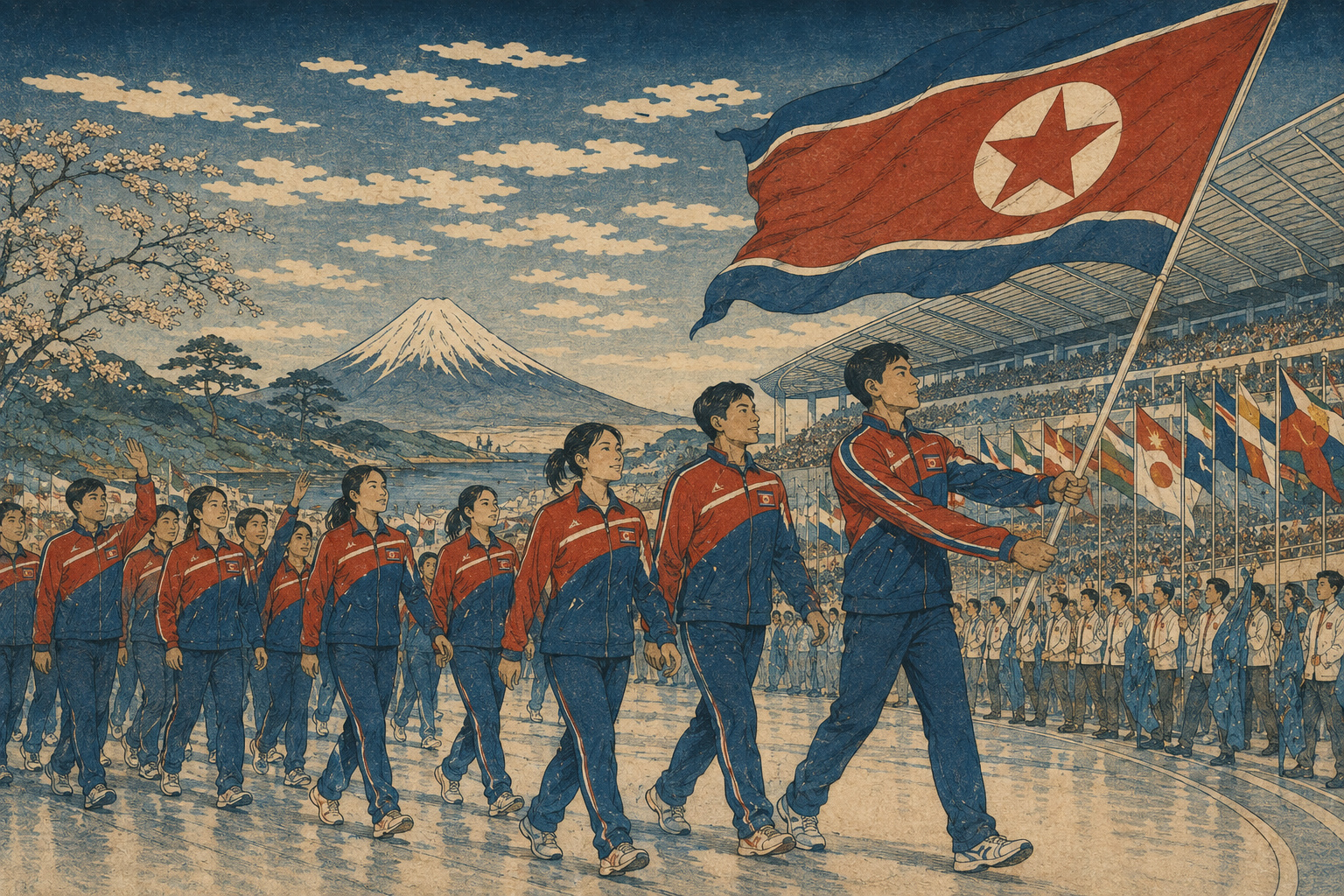 北朝鮮選手団の日本での行進を北斎風に描いた編集イラスト
