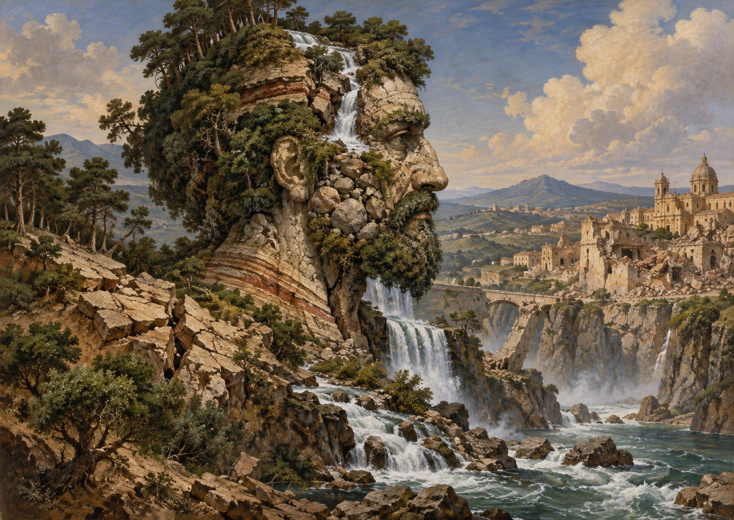 Japan.co.jp AI editorial illustration inspired by Giuseppe Arcimboldo’s composite portraits, accompanying “The Earthquake Made a Waterfall — Then the River Moved It 770 Meters Upstream”