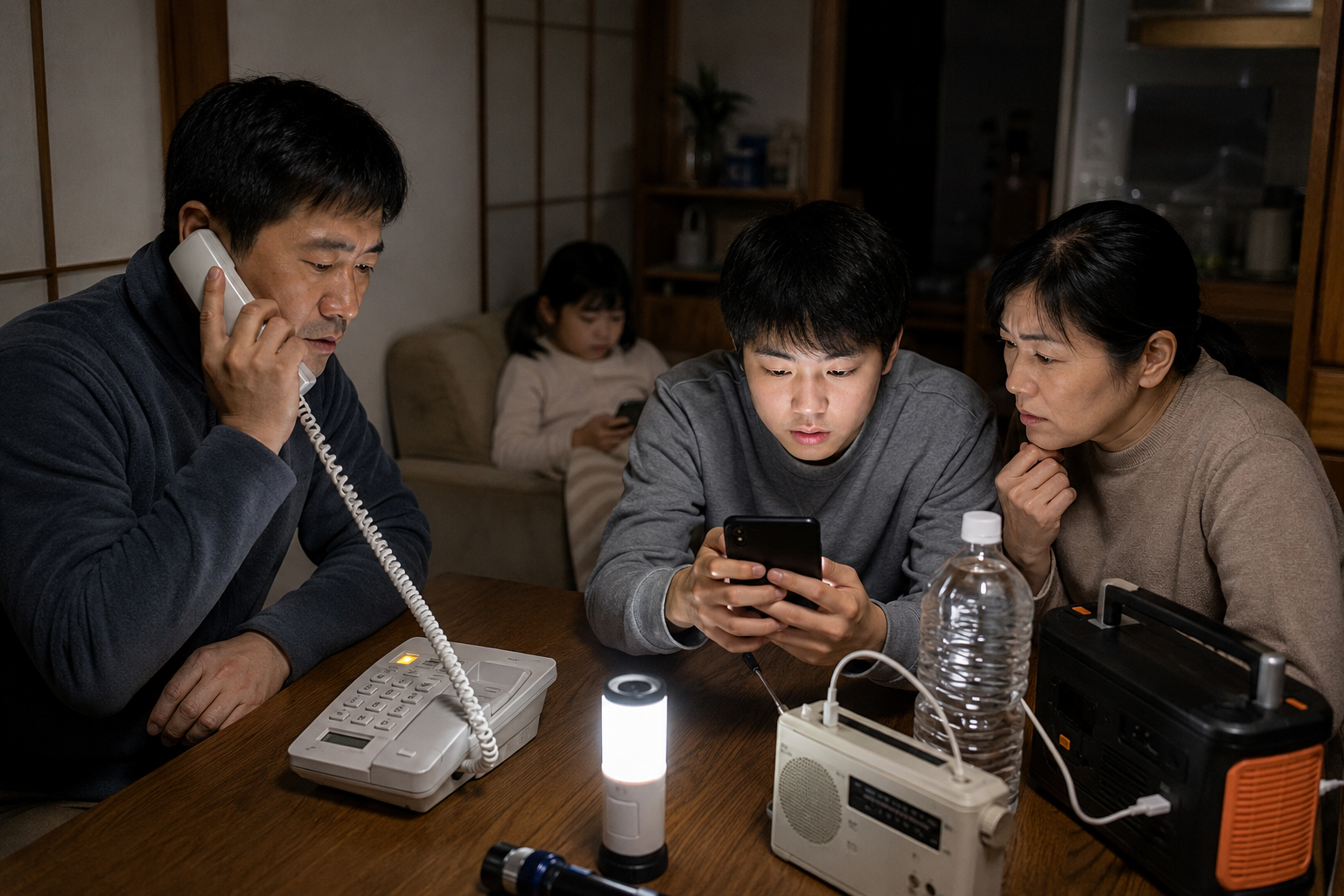 災害時に家族が電話とスマートフォンで安否確認をする様子。
