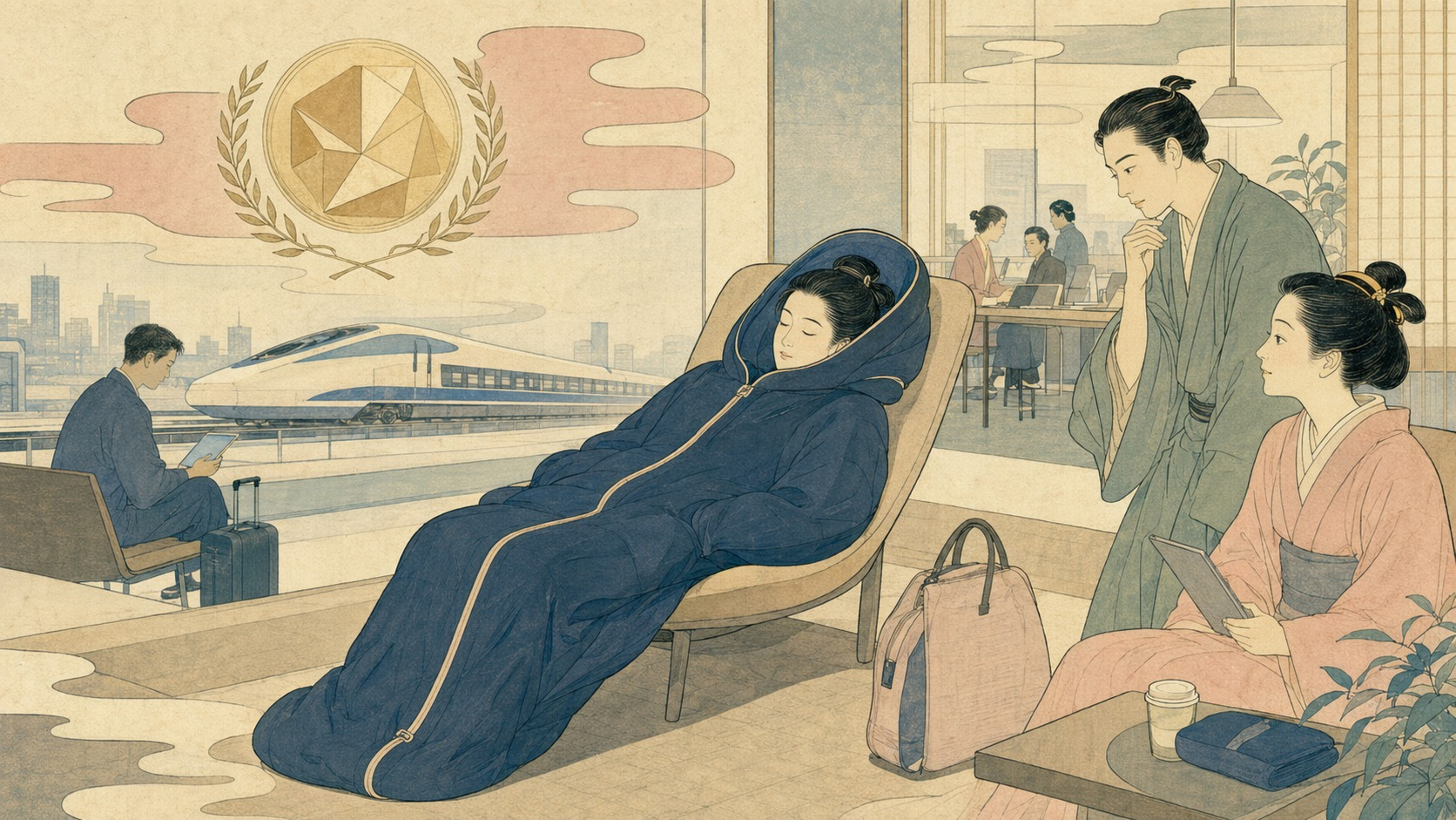 音と赤青の光に包まれて睡眠ウェアを着る都市生活者の鈴木春信風錦絵