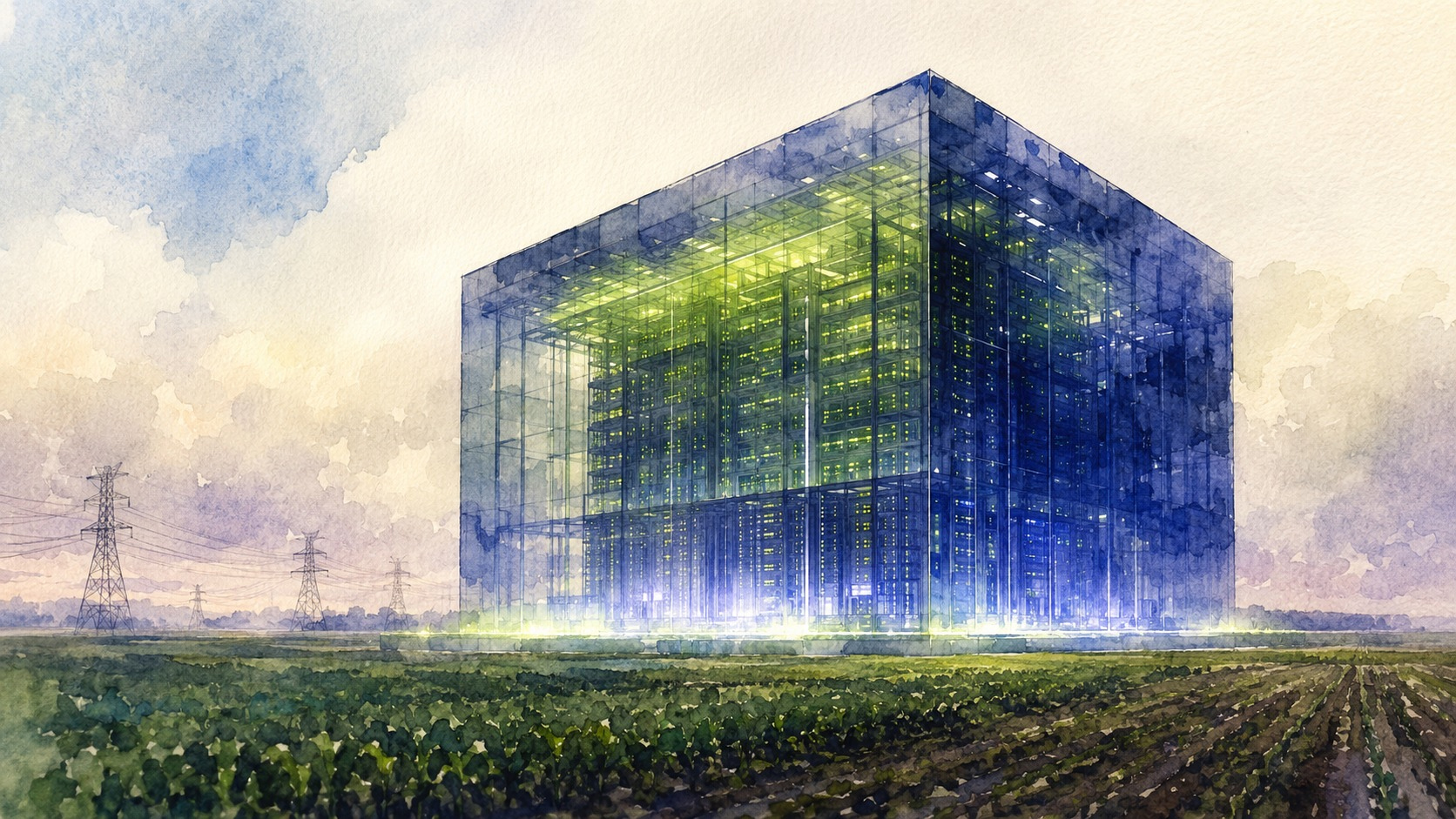 Watercolor with a single focal point: a vast AI data center glowing in the dark