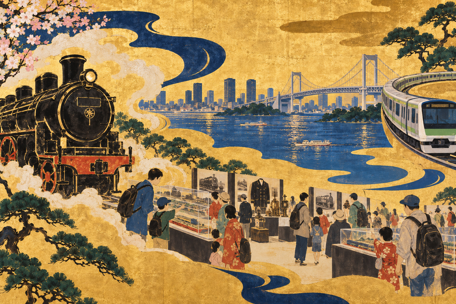 Trains and families arranged against a gold ground in a conceptual railway illustration