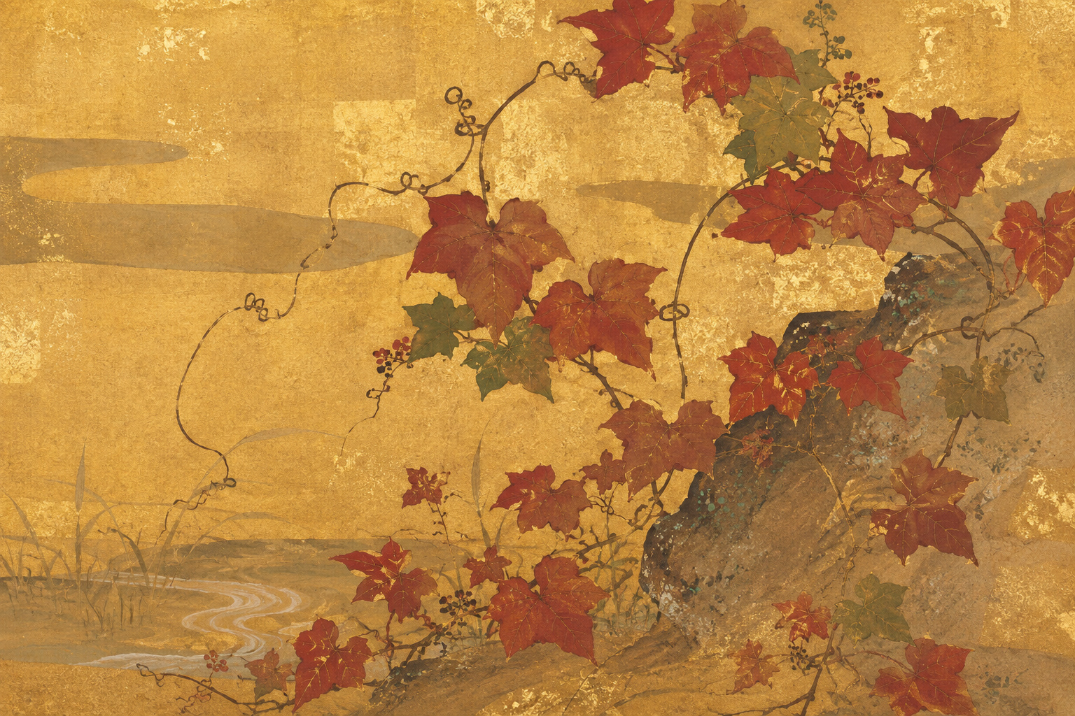 Ogata Kenzan’s Autumn Ivy, with red, orange and green ivy leaves and expressive calligraphy set against a gold ground