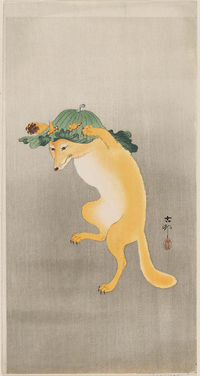 Ohara Koson, Dancing Fox — historical woodblock print, Cleveland Museum of Art