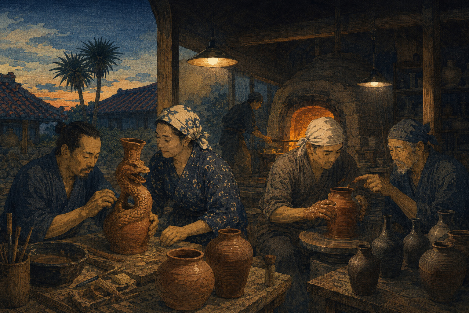 AI editorial illustration of Okinawan and Tokoname ceramic makers gathered in a night workshop