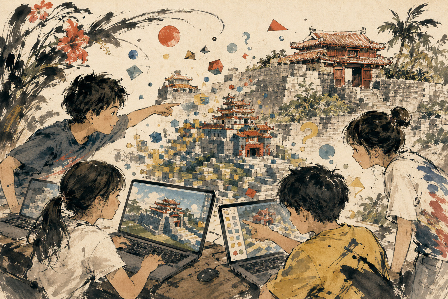 Okinawa children rebuilding Goeku Gusuku inside a digital game