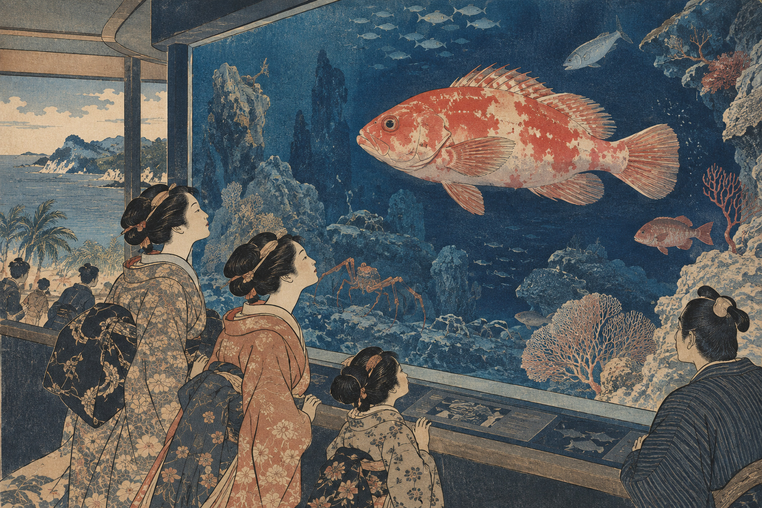 Kubo Shunman-inspired editorial illustration of a red-and-white deep-sea wrasse off Kumejima