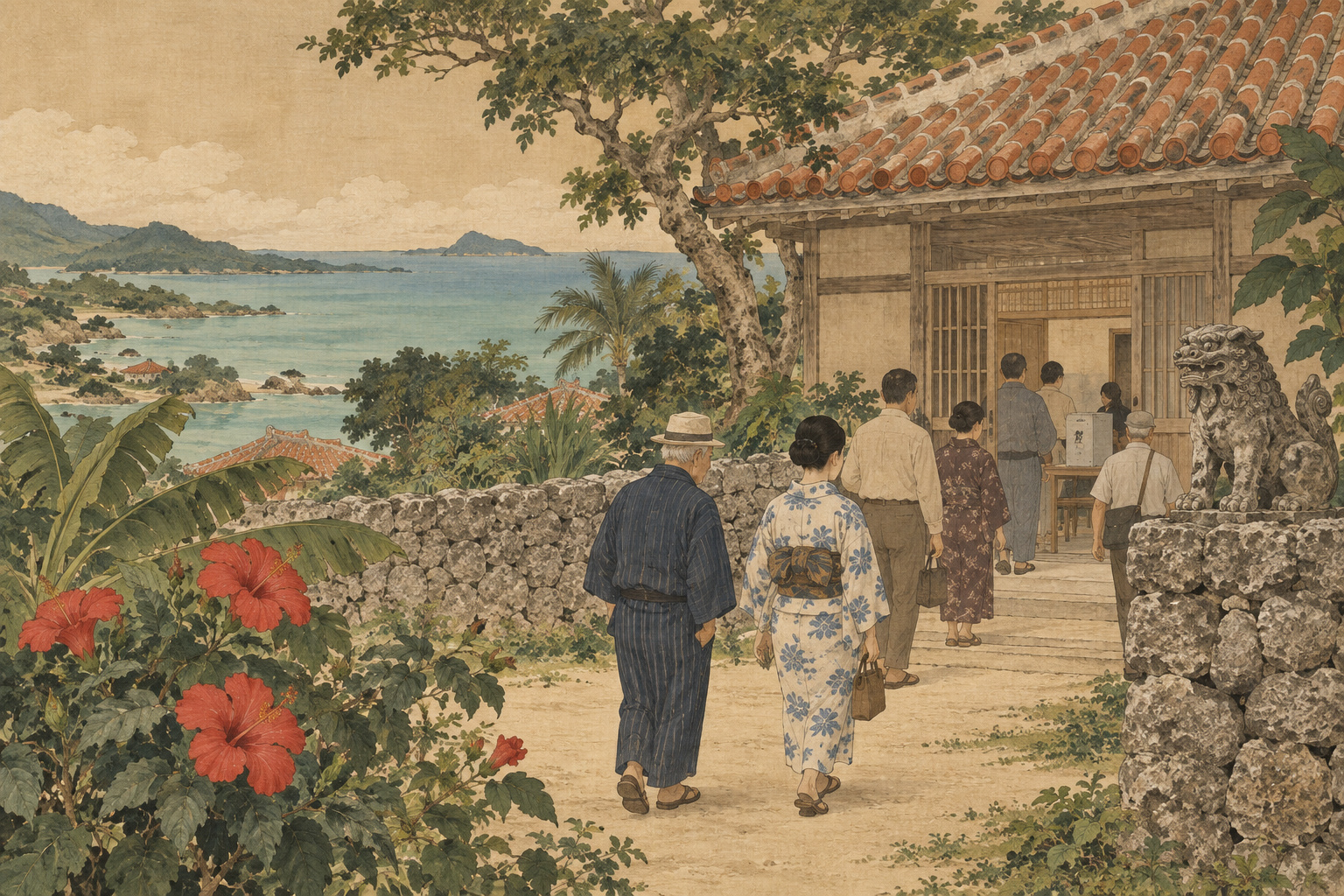 赤瓦の建物に設けられた投票所へ向かう沖縄の住民を描いた概念イラスト