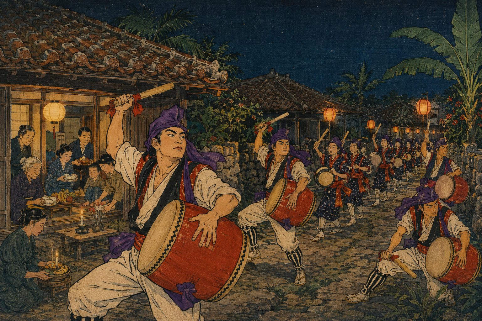 An editorial illustration of family members observing Obon inside an Okinawan home while an Eisa procession advances outside