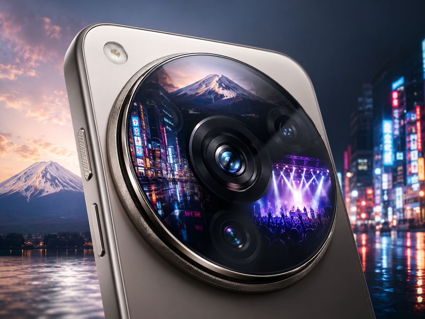 A premium smartphone camera lens reflecting Mount Fuji, neon Tokyo, and a concert stage.