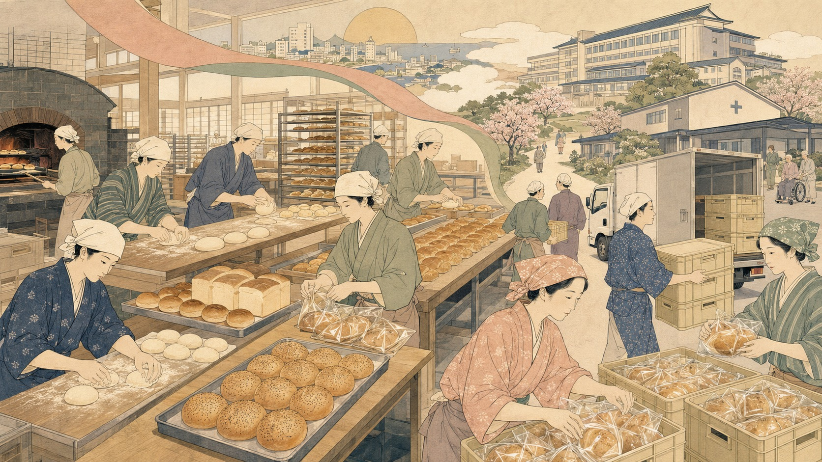 大阪の工場から病院や介護施設へパンを運ぶ鈴木春信風の錦絵