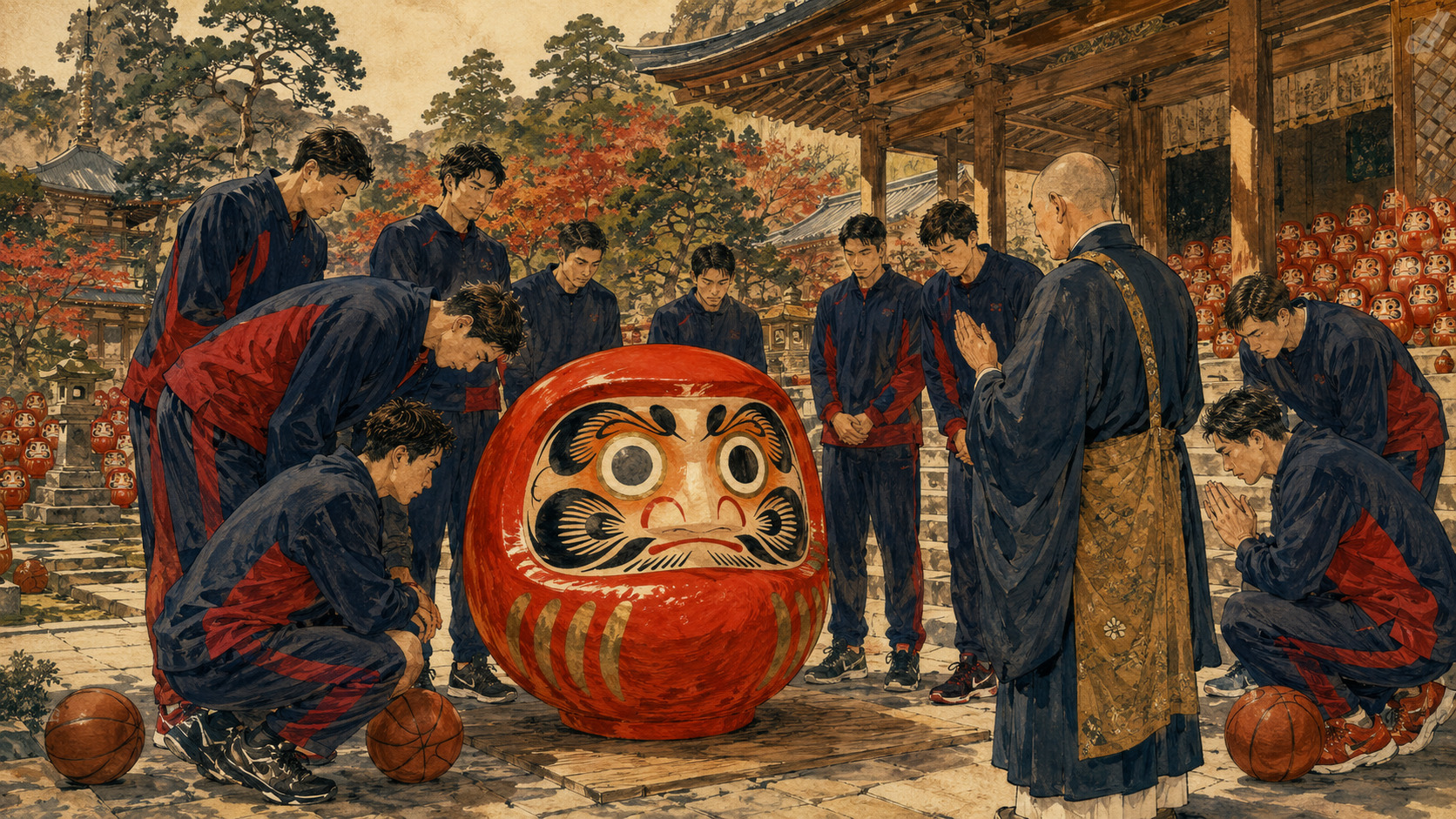 勝尾寺で勝ちダルマに目を入れる大阪エヴェッサ