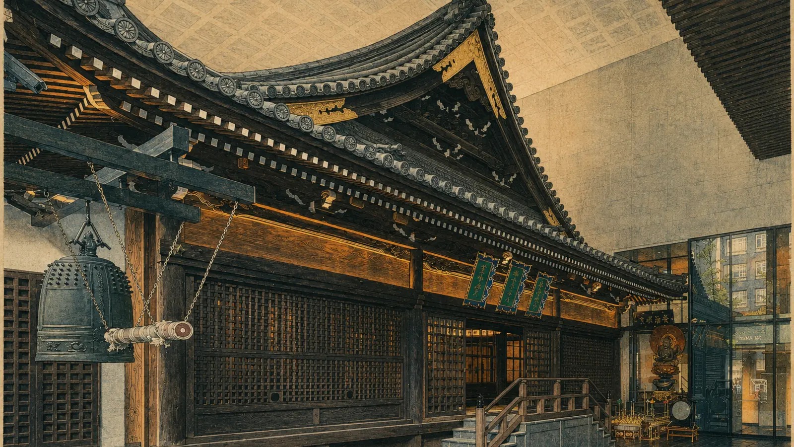 大阪の東京建物三津寺ビルディング内に保存された三津寺の木造本堂