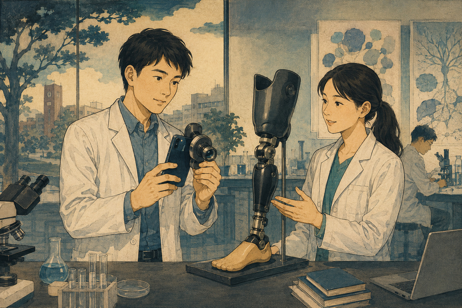 Editorial illustration of researchers with a smartphone-based ophthalmic device and a powered prosthetic leg