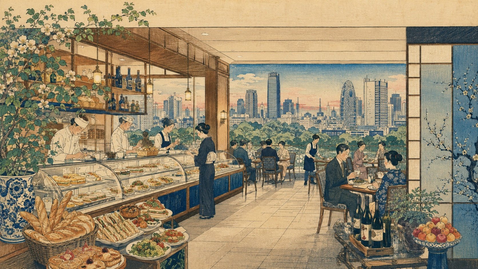 新宿のホテルデリカテッセンで食事と会話を楽しむ人々を、歌川広重の江戸名所絵を思わせる木版画調で描いたイメージ。