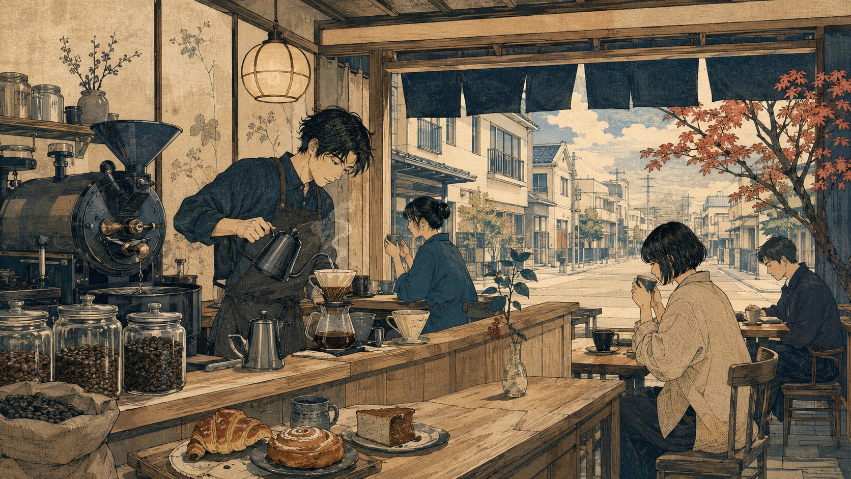 浮世絵風に描かれた船橋のコーヒー店で、バリスタが豆を挽き、客がカウンターで一杯を待つ情景。