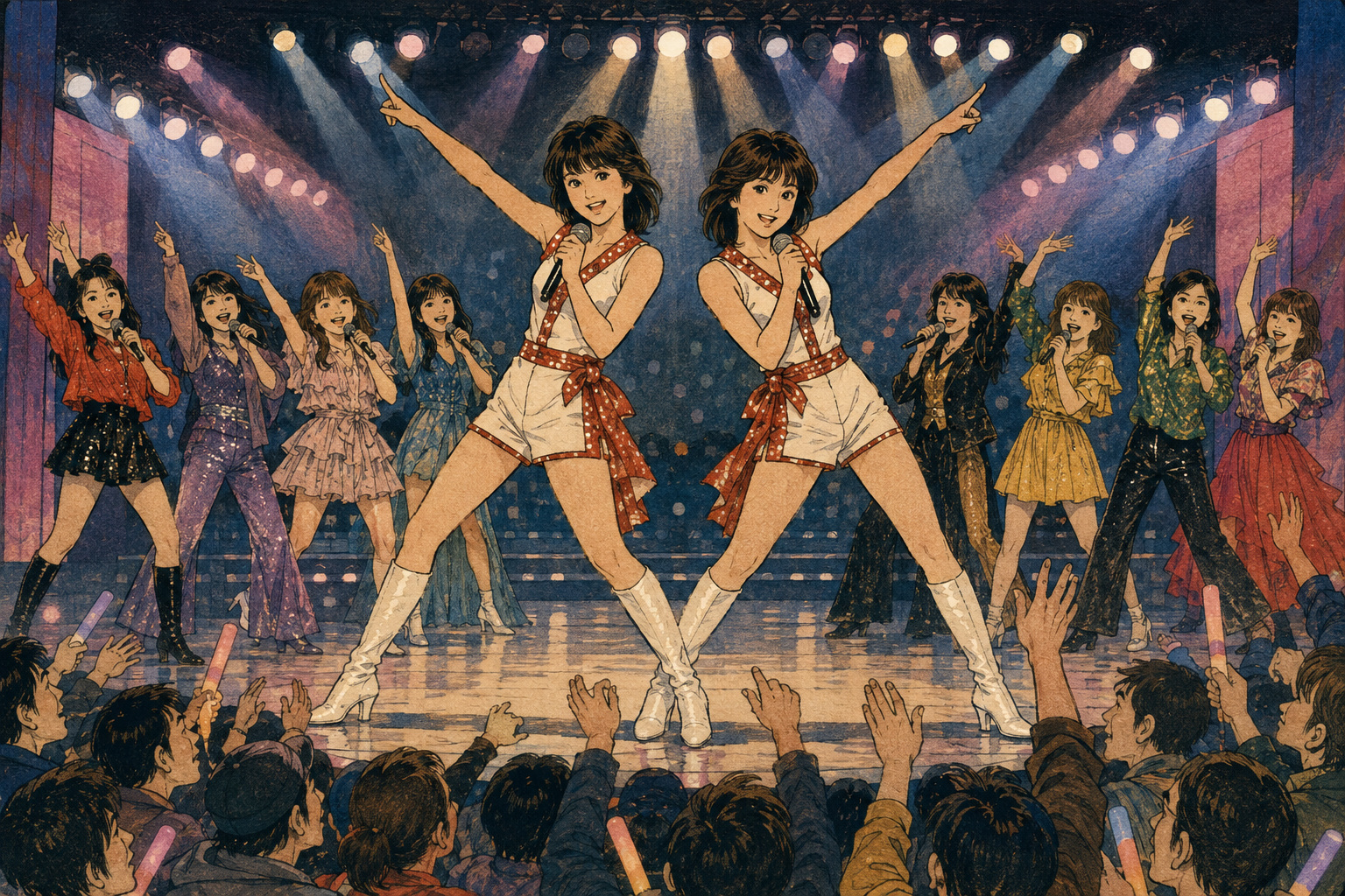 A conceptual illustration of two women singing in mirrored poses while performers from other generations fill the stage