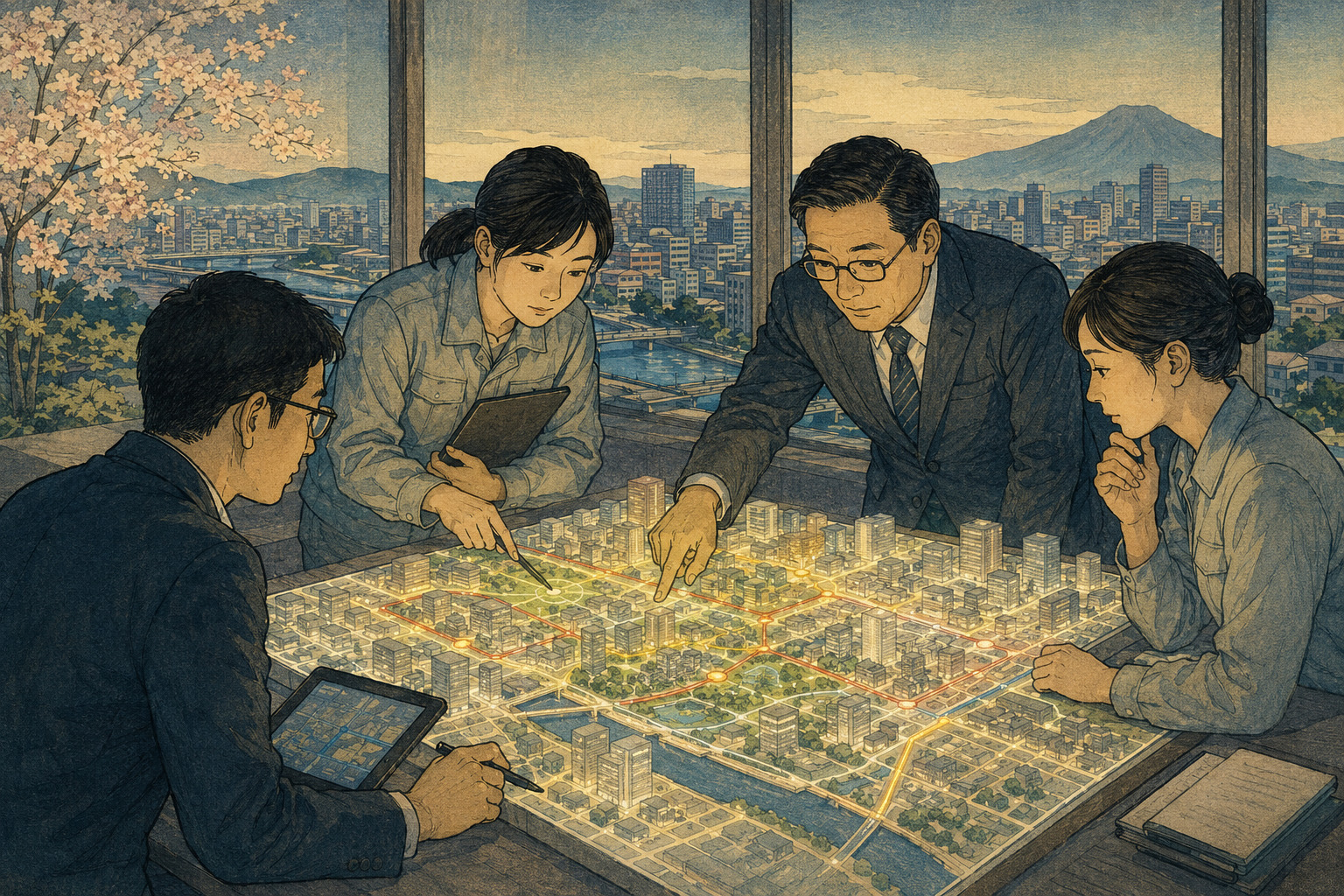 Editorial illustration of municipal planners and technology developers examining a detailed 3D model of a Japanese city