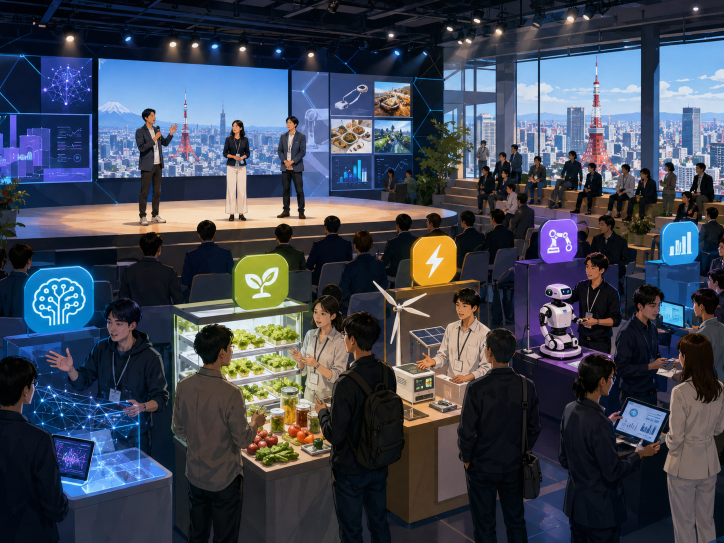 A Tokyo startup demo day where founders pitch AI, foodtech, energy, robotics, and fintech ideas.