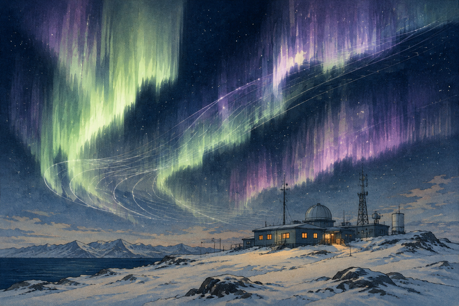 Editorial illustration of pulsating auroras over a snowy observation site with luminous pathways suggesting plasma ducts in near-Earth space