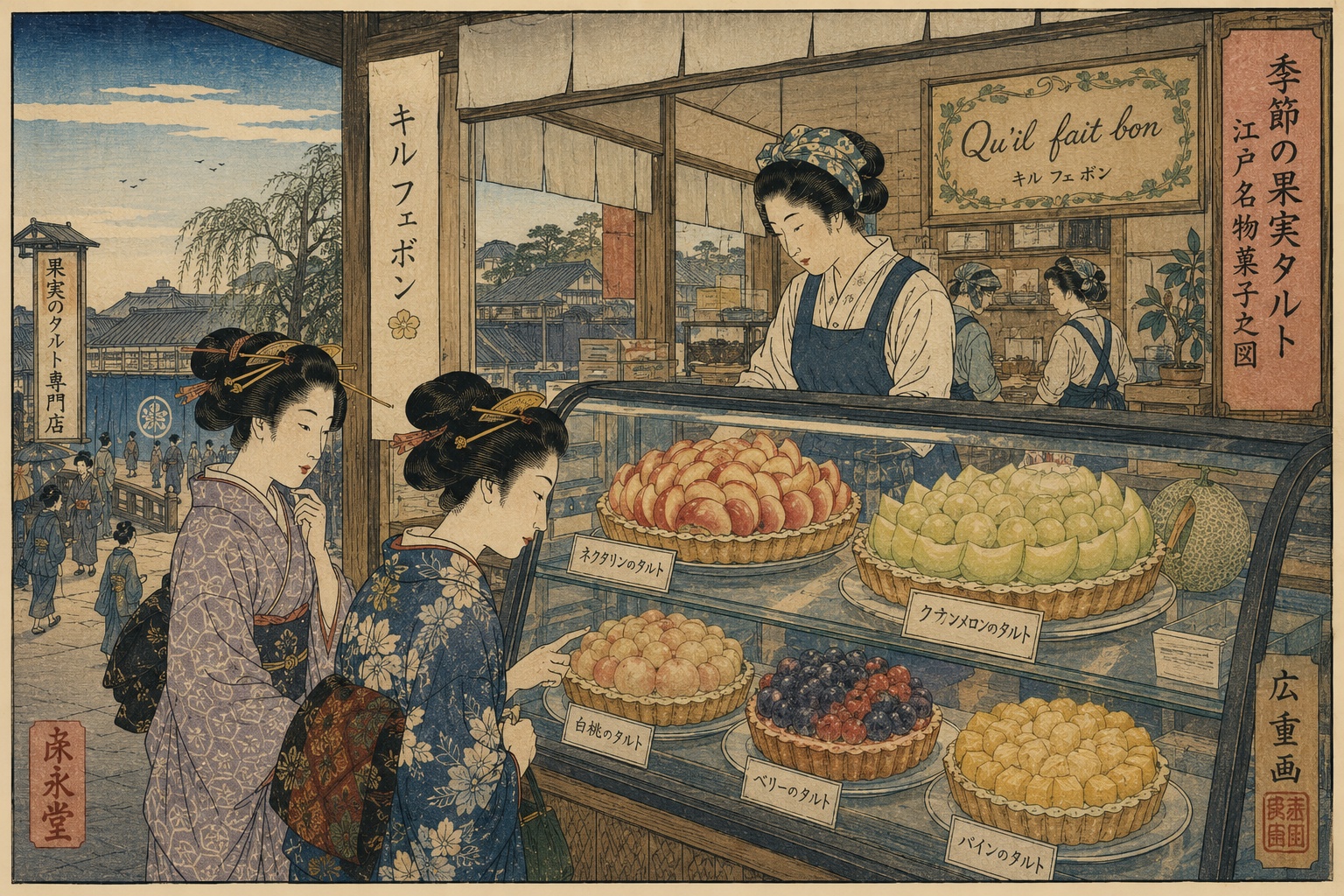 ネクタリン、クラウンメロン、葡萄、無花果のタルトが並ぶキル フェ ボンの店内を、江戸名所絵風に描いたイメージ。