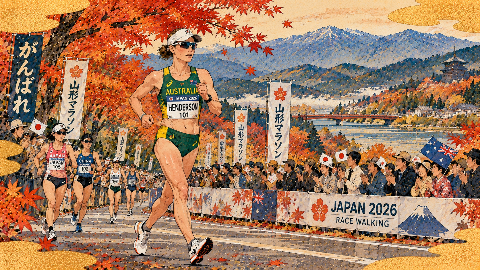 Australia’s Rebecca Henderson Walks into History in Japan — AI-generated editorial illustration inspired by Kawanabe Kyōsui