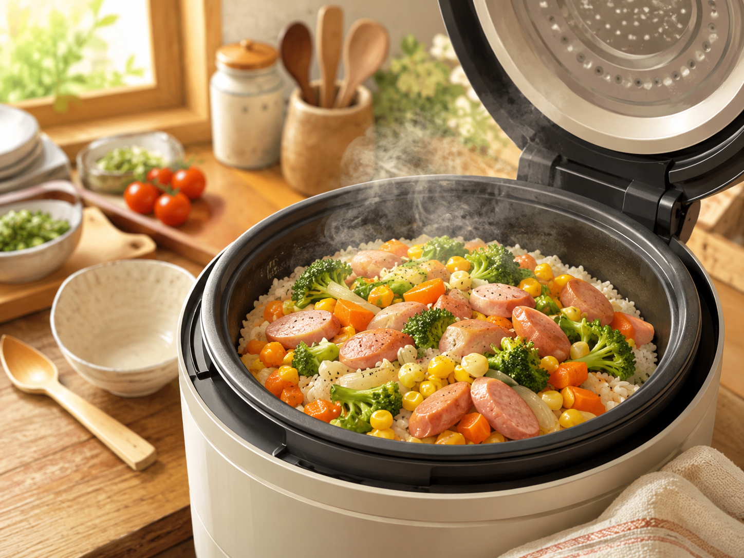 野菜とウインナーが入った炊飯器ごはん