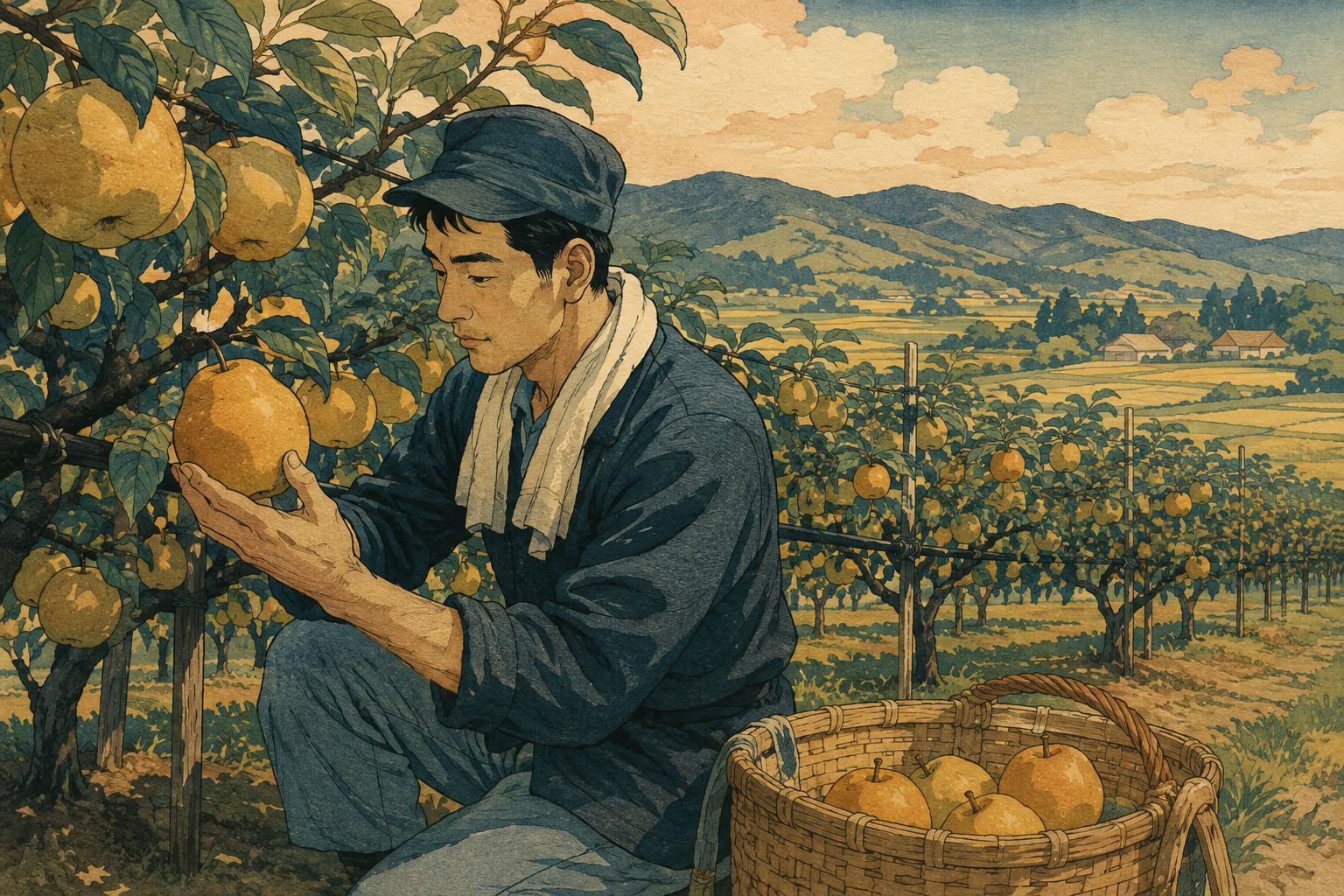 Editorial illustration of a new farmer inspecting ripe pears in a carefully maintained orchard in Rifu, Miyagi