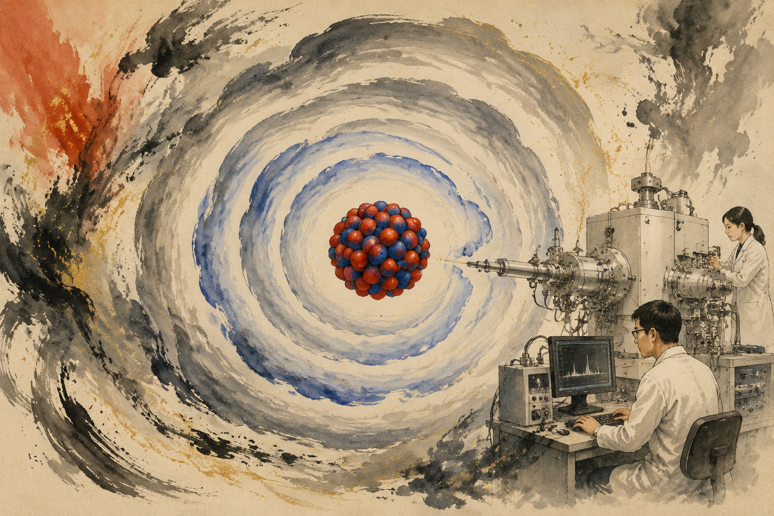 An argon-50 nucleus opening inside concentric shells near precision instruments
