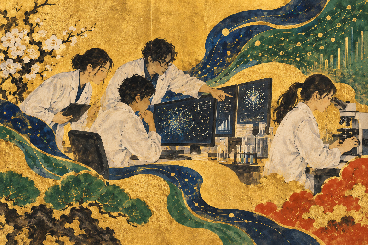 Researchers gather around computers and laboratory instruments on a gold ground, with decorative lines representing data