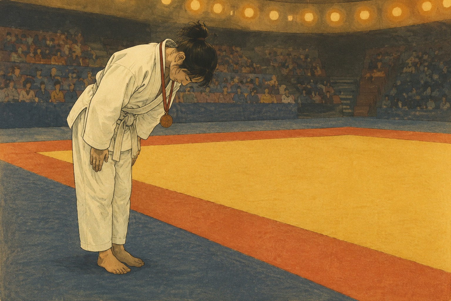 Editorial illustration of a young Japanese judoka bowing beside the tatami after competition