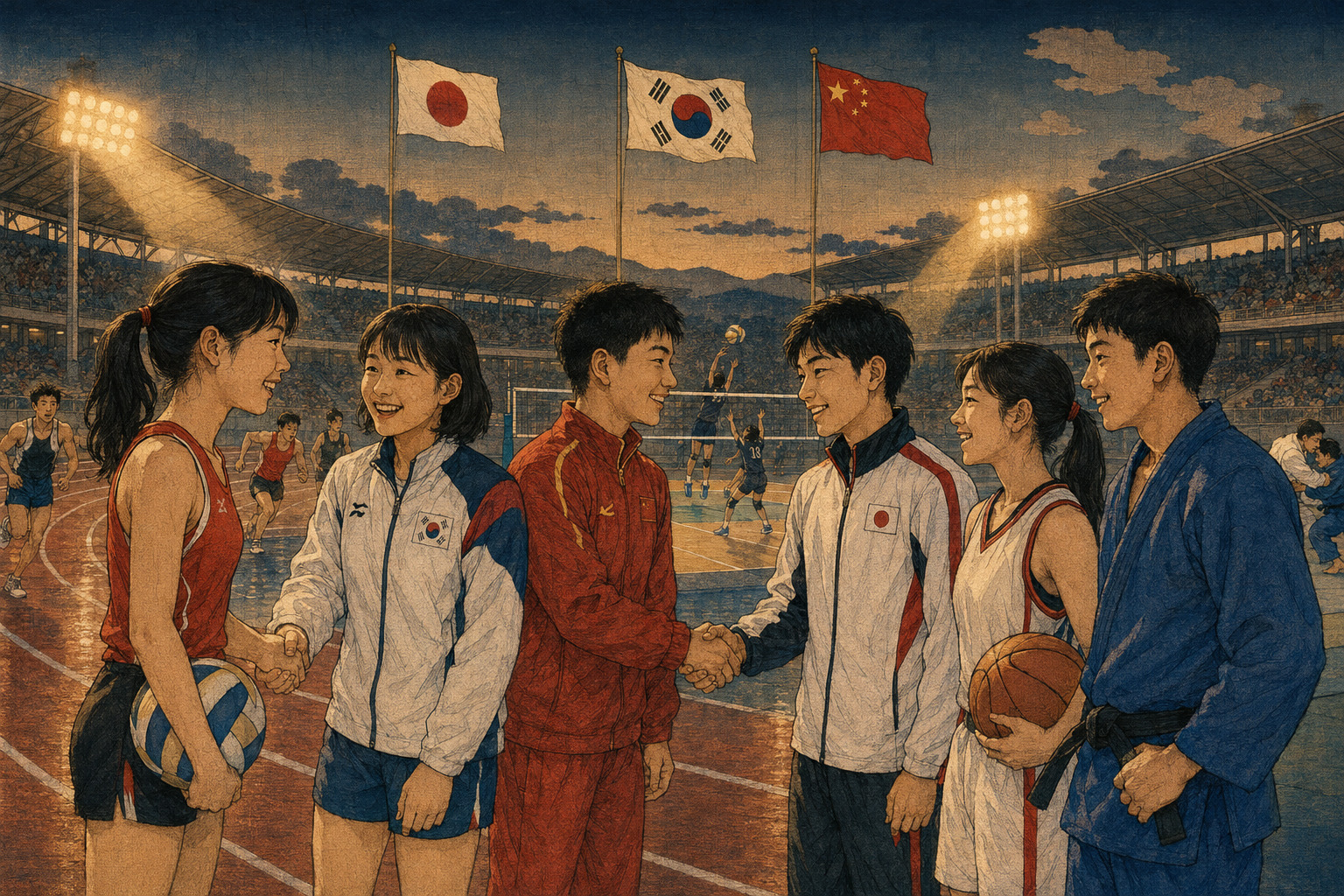 Editorial illustration of young Japanese, South Korean and Chinese athletes greeting one another in a stadium