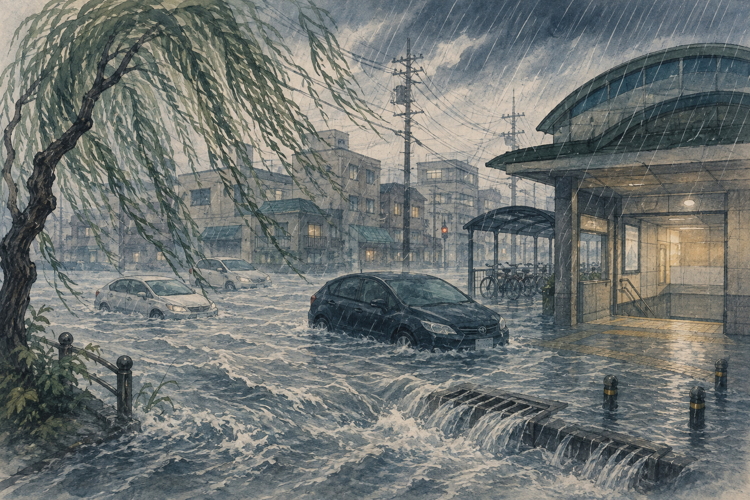 Editorial illustration of a flooded Saitama street as rainfall overwhelms urban drainage
