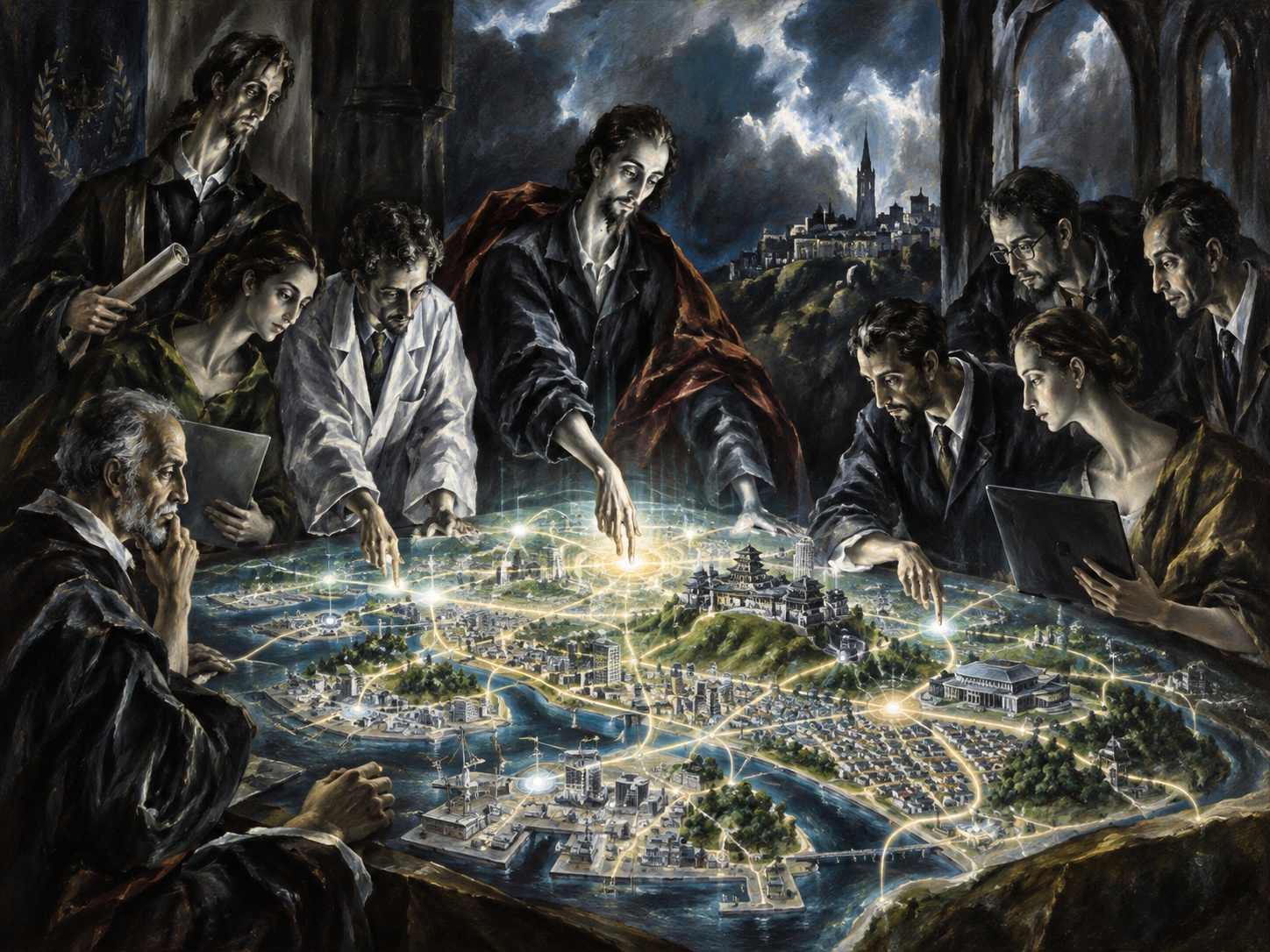 El Greco-inspired editorial illustration of city officials, university researchers and technologists gathered around a glowing digital map of Sakai