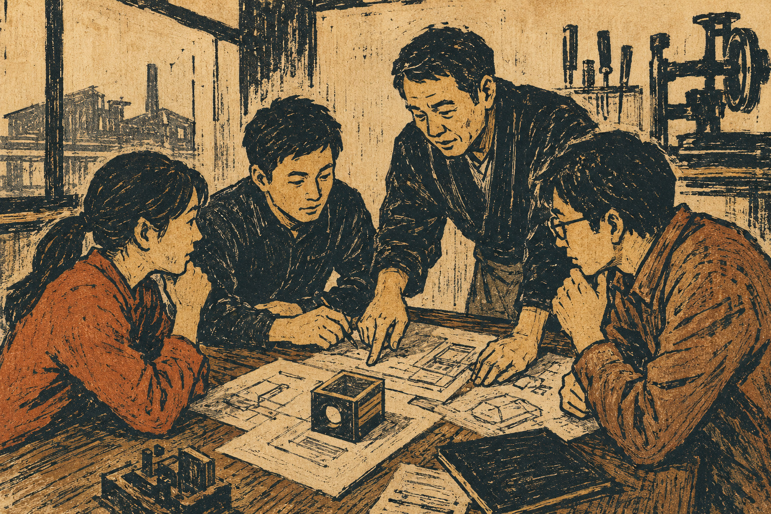 Editorial illustration of Sakai entrepreneurs and mentors reviewing business plans and product prototypes