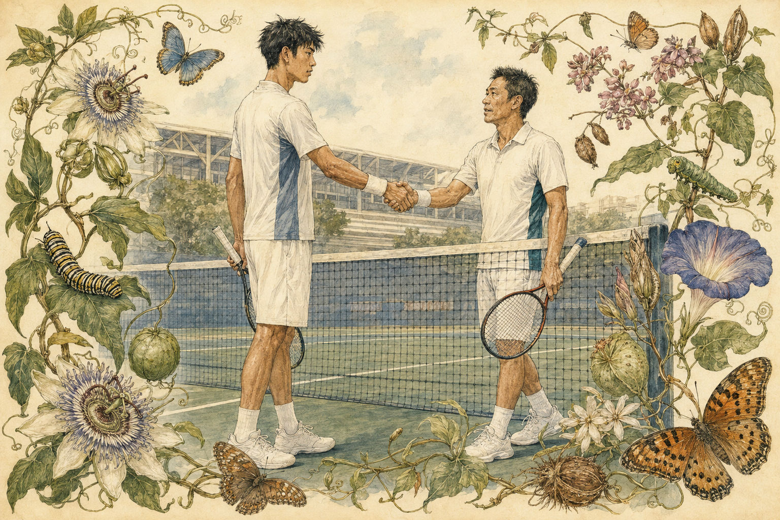 全米オープン予選後にネットで向き合う坂本怜と錦織圭を描き、世代交代を表す編集イラスト