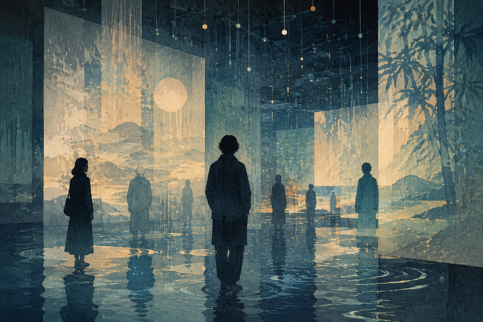 Editorial illustration of visitors surrounded by projected light, moving images and spatial sound