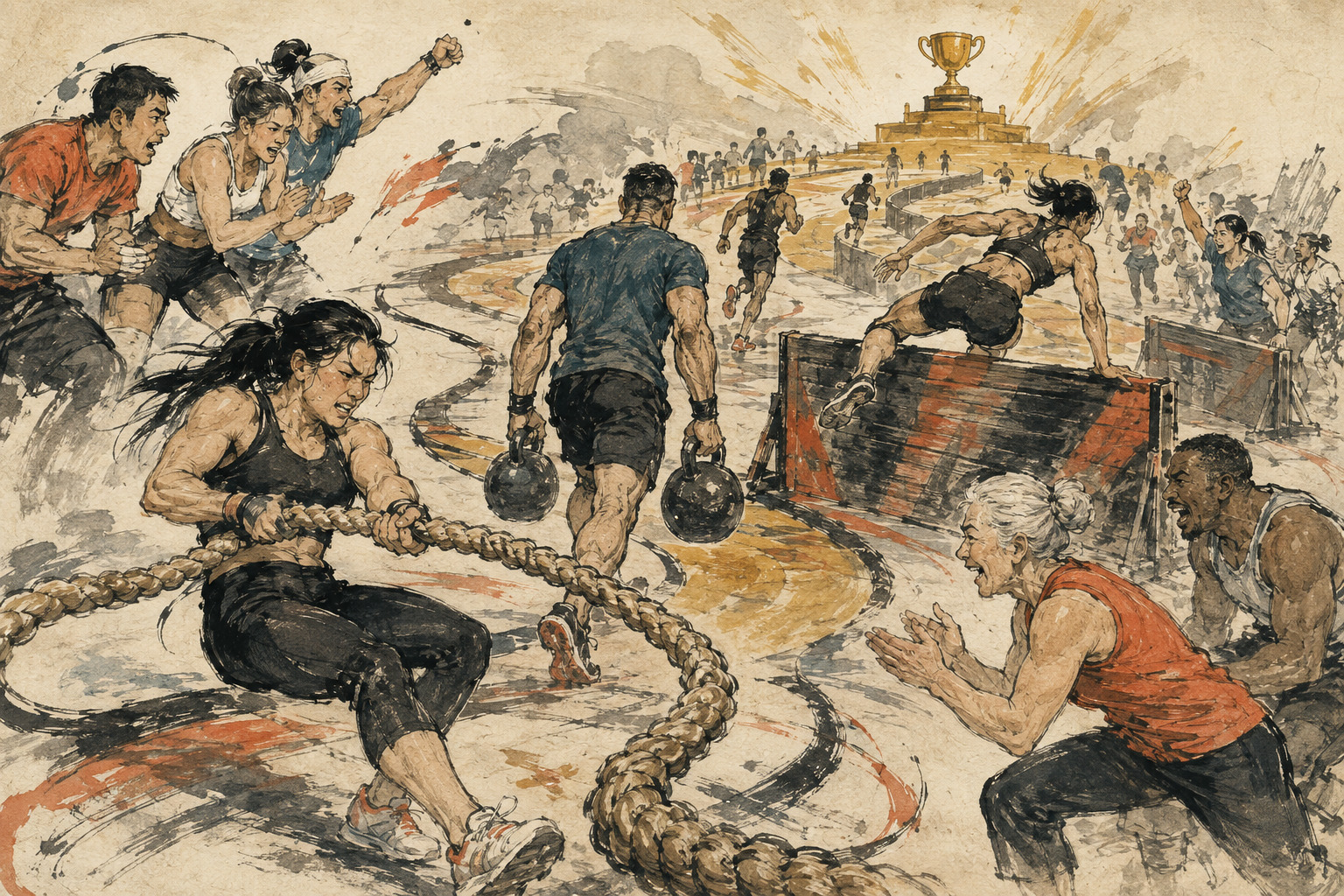 Competitors testing strength in an open-entry Japanese fitness contest