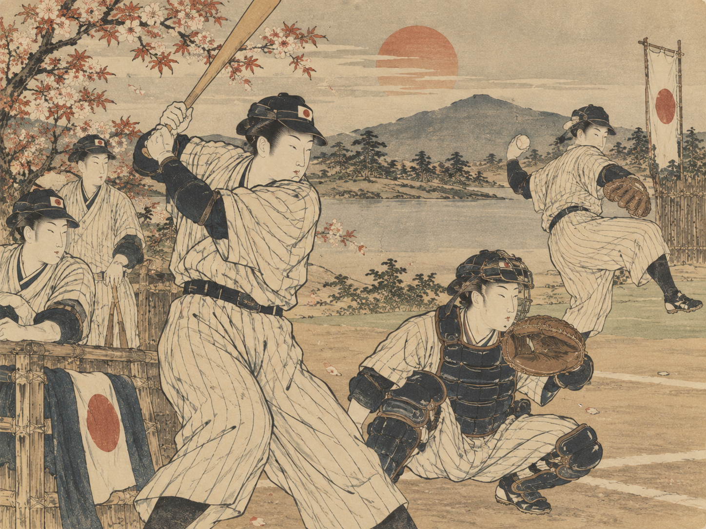 Kubo Shunman-inspired editorial illustration of Samurai Japan’s corporate-league team pursuing Asian Games gold