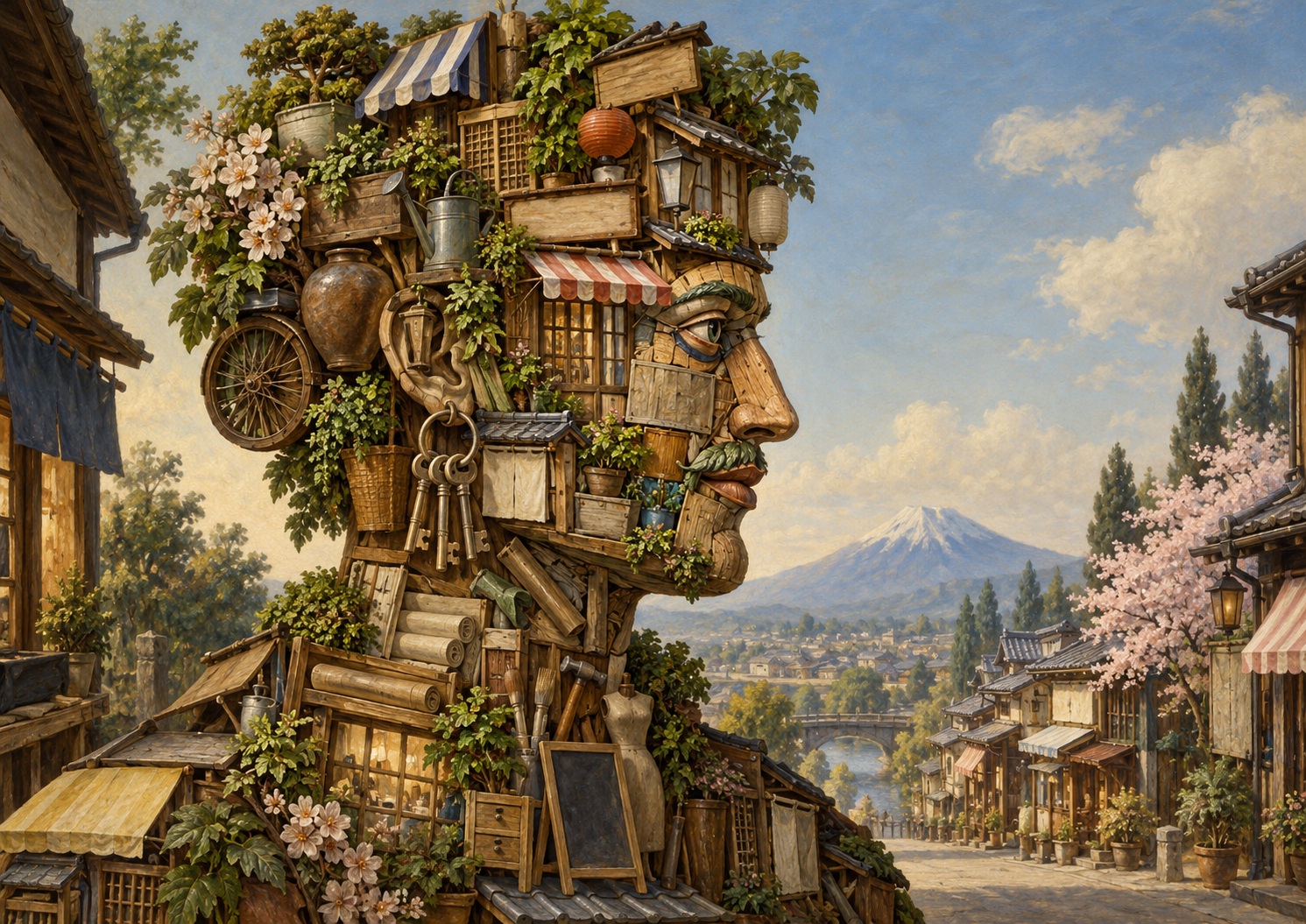 Japan.co.jp AI editorial illustration inspired by Giuseppe Arcimboldo’s composite portraits, accompanying “Sayama Turns the Property Search Around”