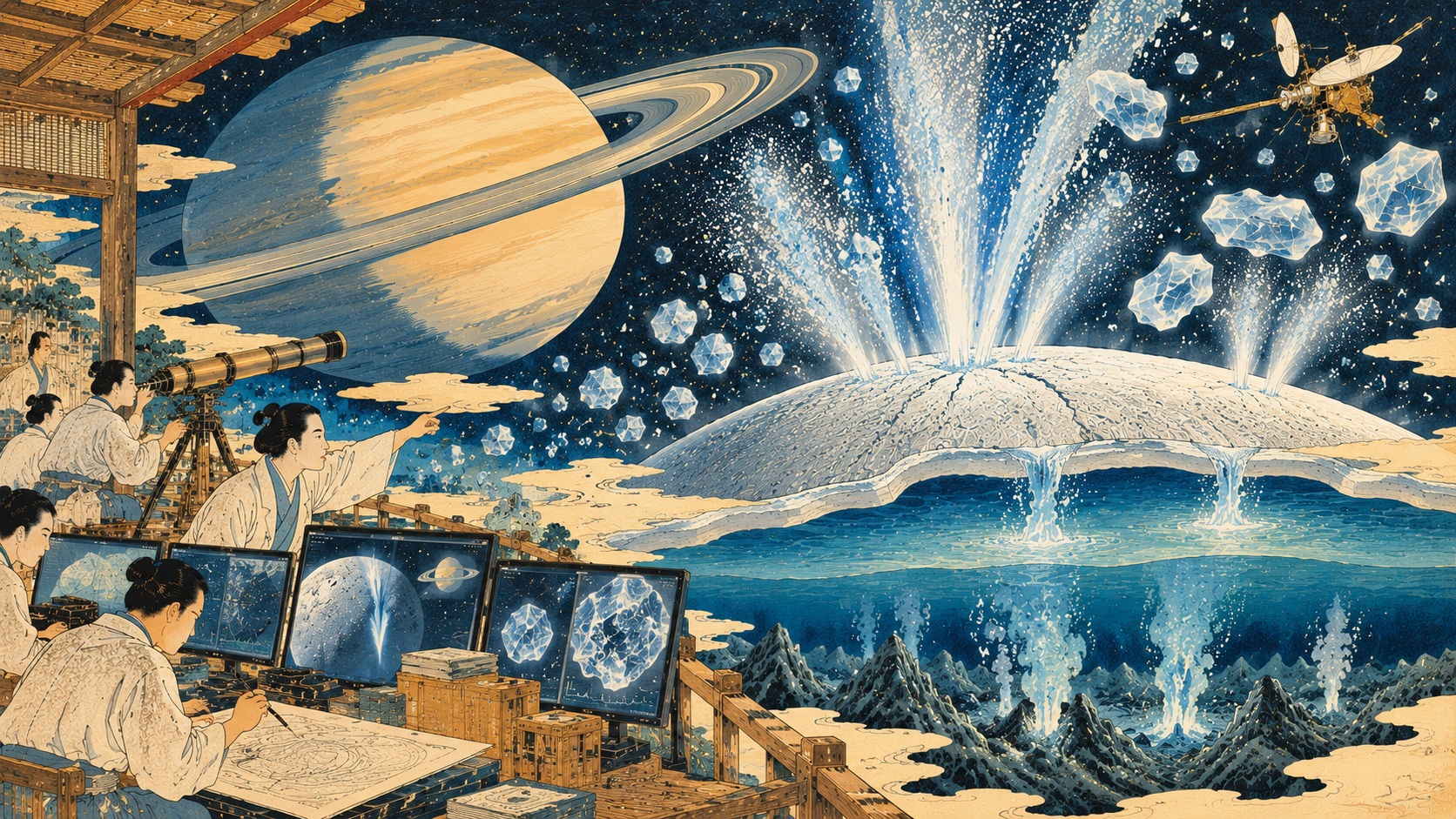 The Ocean That Sorts Its Own Samples: Japan Helps Decode Enceladus’s Ice Grains — AI-generated editorial illustration, not a news photograph
