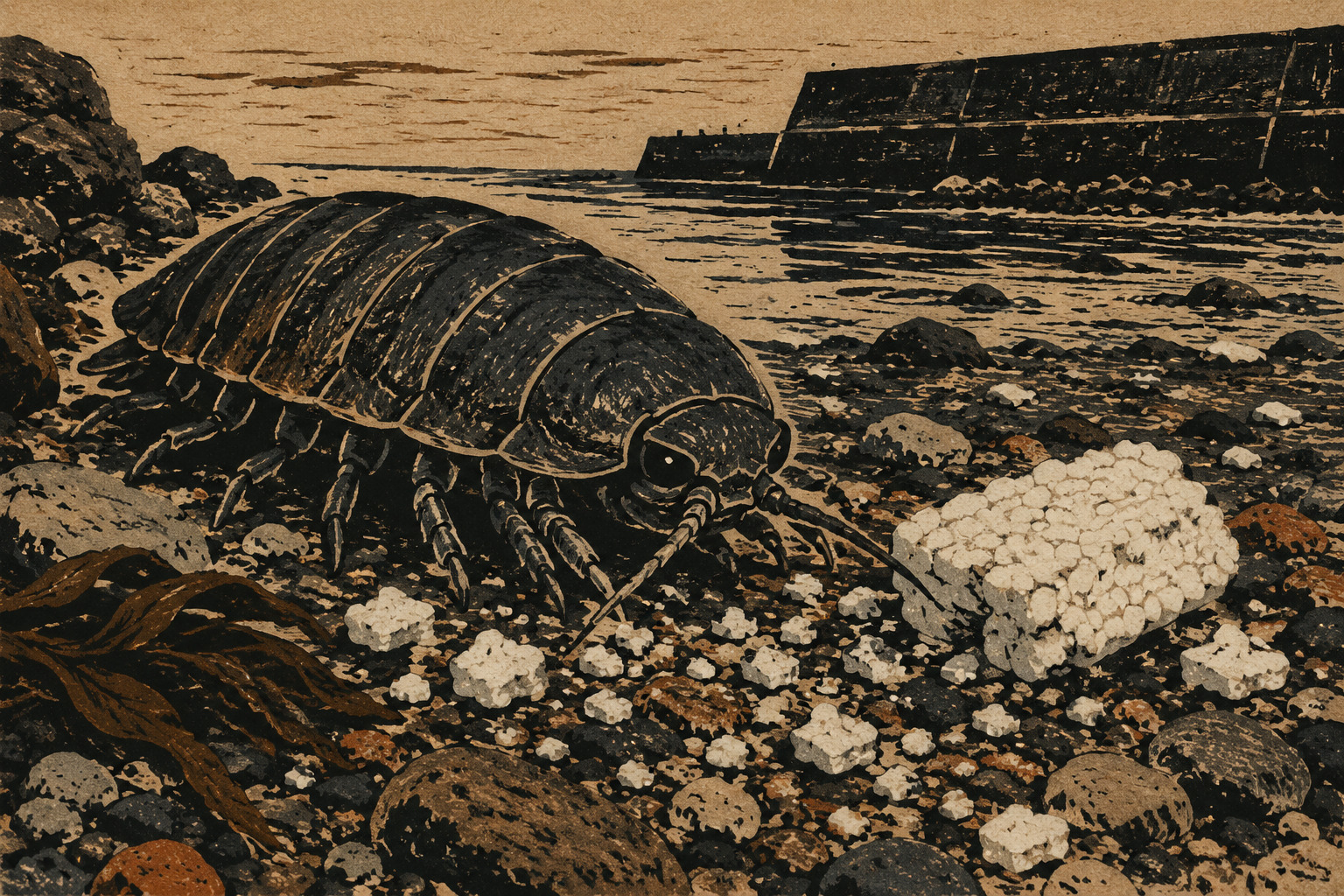 Editorial illustration of a sea slater beside expanded-polystyrene fragments on a rocky Japanese shoreline