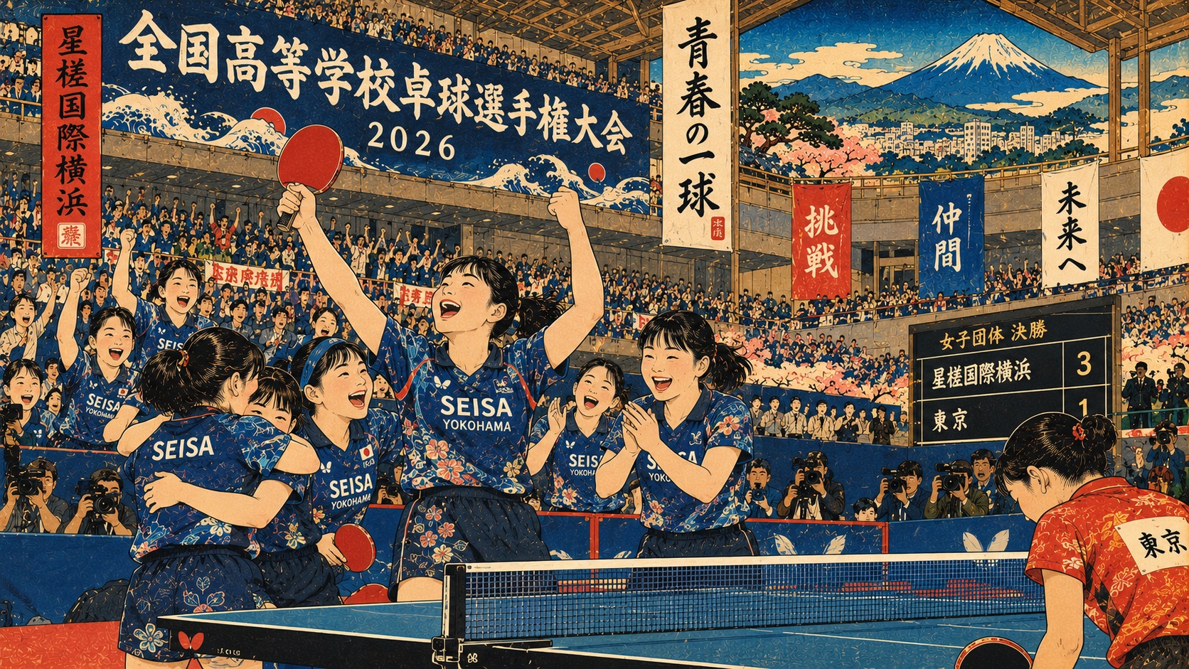 The High School That Beat Japan’s Corporate Table Tennis Powers: Seisa’s Historic National Title — AI-generated editorial illustration, not a news photograph