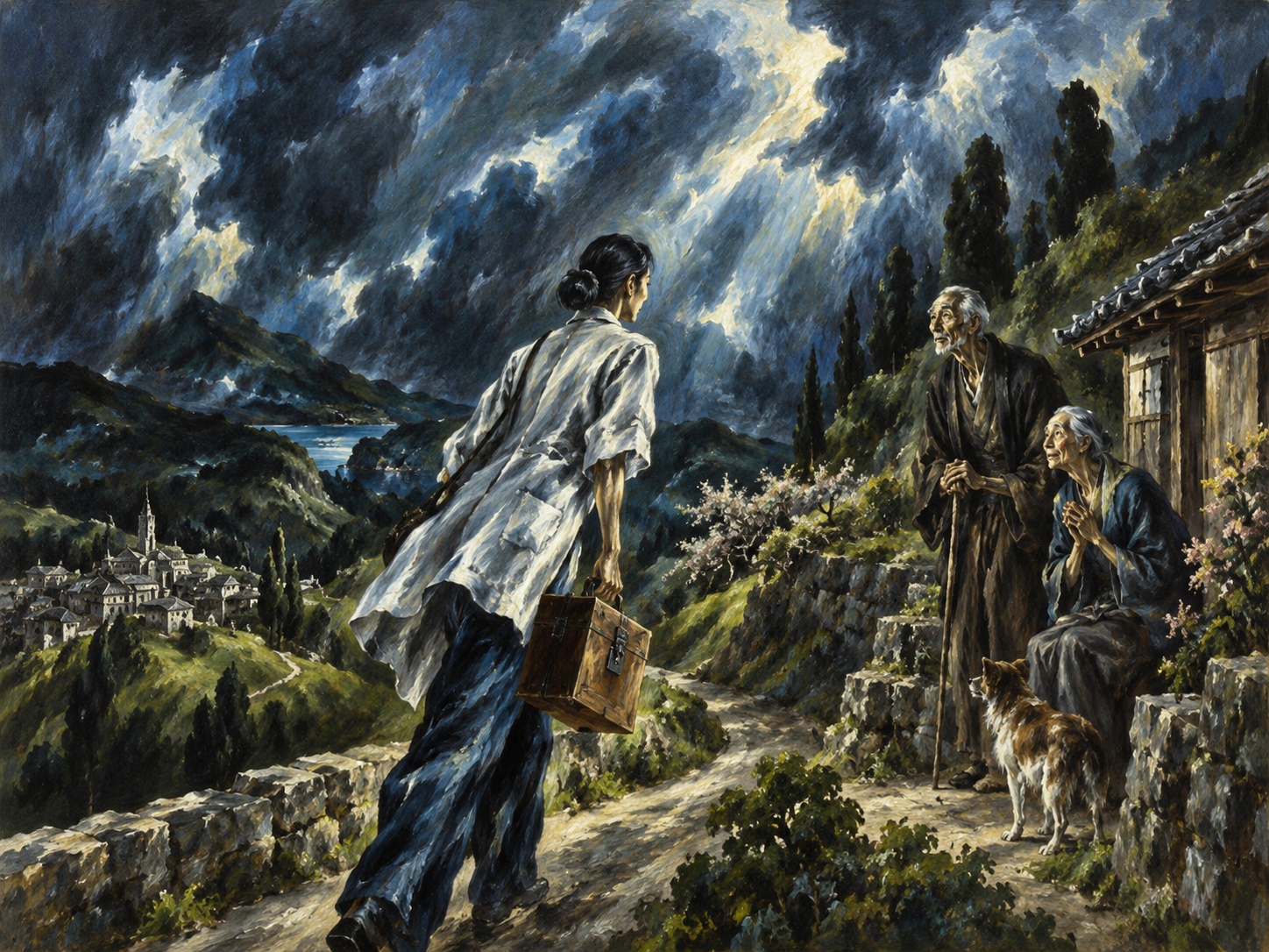 El Greco-inspired editorial illustration of a community health visitor carrying a traditional Japanese medicine box along a rural Seiyo road toward older residents